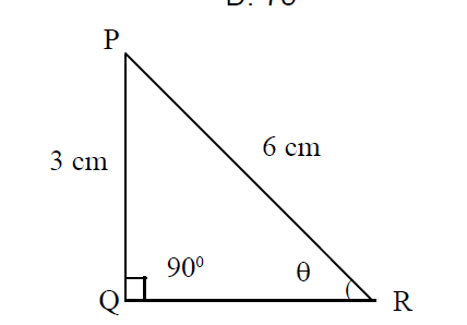 Right triangle PQR with PQ = 3 cm, PR = 6 cm, and angle θ at R